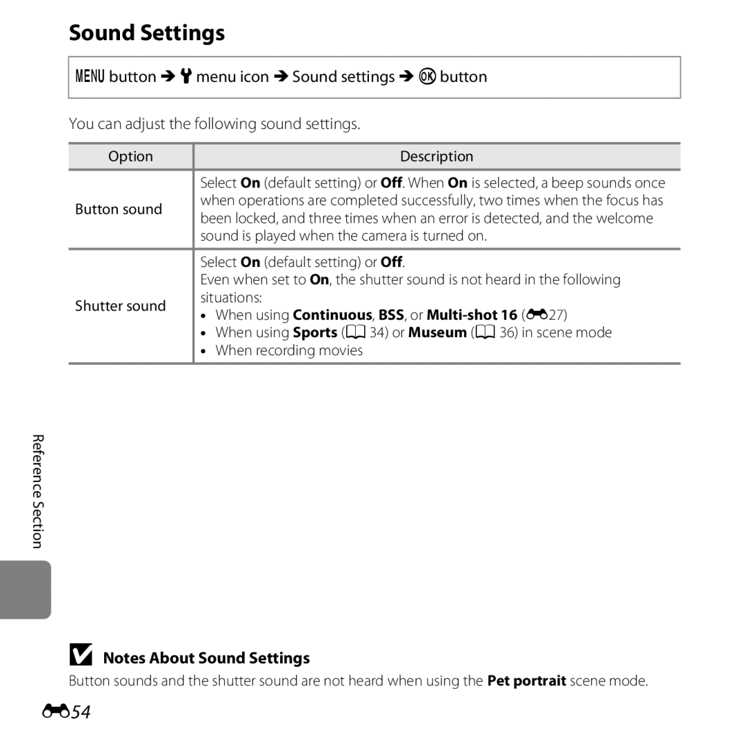 Nikon COOLPIXL28SIL, CT3A03 11, L28 Black, L28 Red Sound Settings, E54, When using Continuous , BSS , or Multi-shot 16 E 