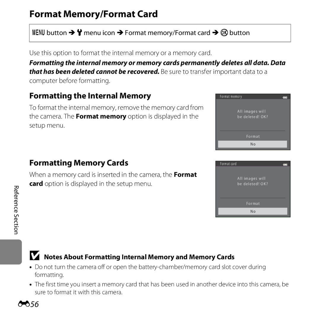 Nikon 6MN15911 03, CT3A03 11, L28 Format Memory/Format Card, Formatting the Internal Memory, Formatting Memory Cards, E56 