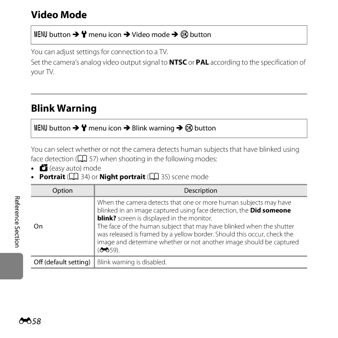 Nikon CT3A03 11, L28 Black, L28 Red manual Video Mode, Blink Warning, E58, Portrait A34 or Night portrait A35 scene mode 