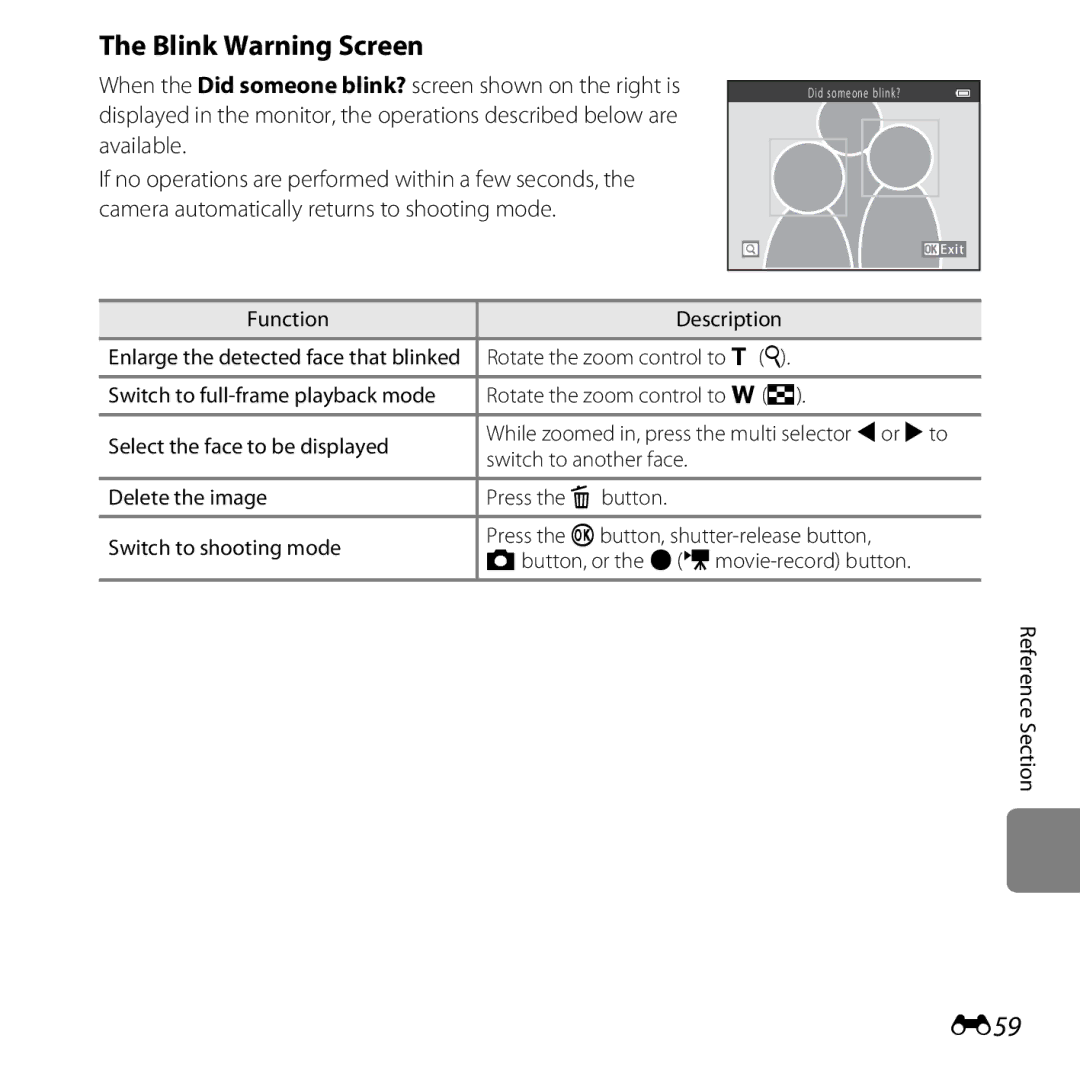 Nikon L28 Black Blink Warning Screen, E59, Function Description, Rotate the zoom control to g, Switch to another face 