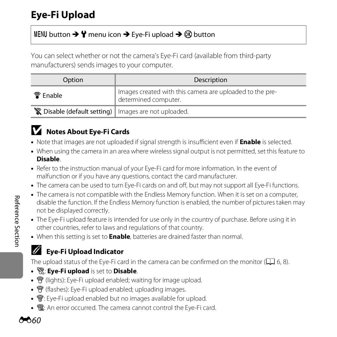 Nikon L28 Red, CT3A03 11, L28 Black, COOLPIXL28SIL manual E60, Eye-Fi Upload Indicator, Eye-Fi upload is set to Disable 