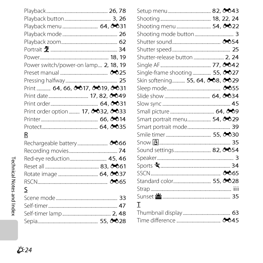 Nikon L28 Black, CT3A03 11 manual F24, Power switch/power-on lamp... , 18, 18, 22, Skin softening........... , 64, E8, E29 