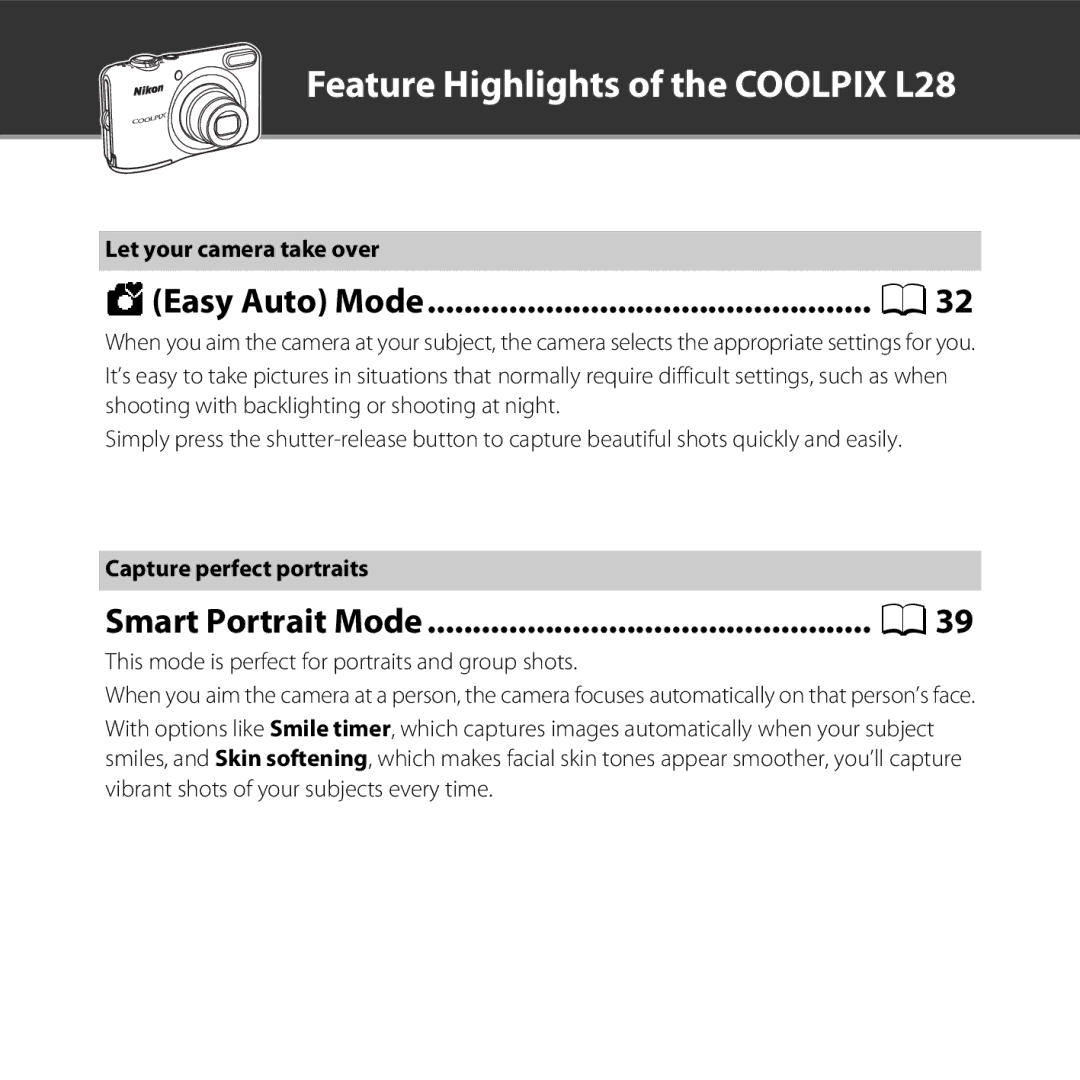 Nikon L28 Black, CT3A03 11, L28 Red, COOLPIXL28SIL Smart Portrait Mode, Let your camera take over, Capture perfect portraits 