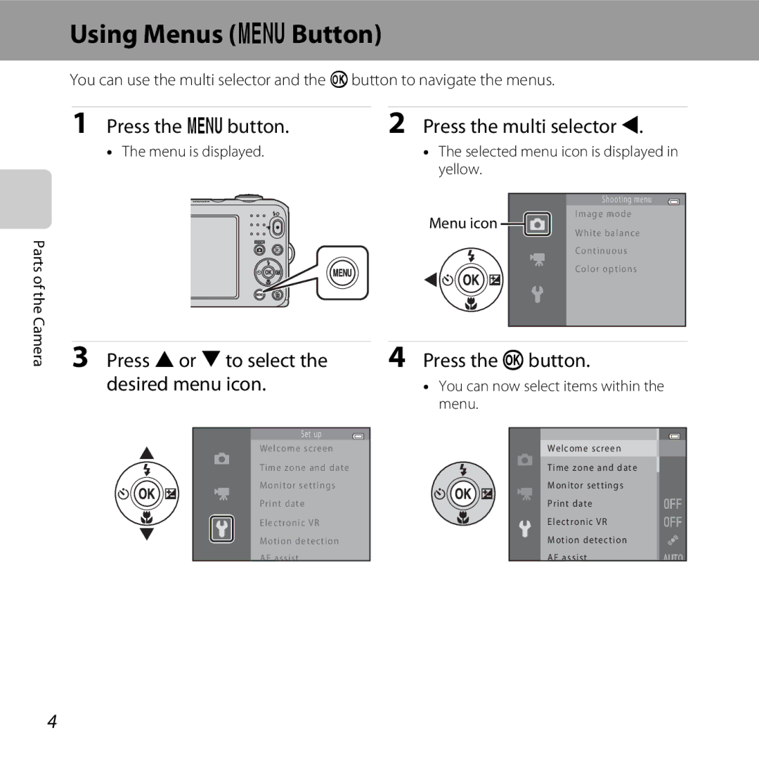 Nikon L28 Red, CT3A03 11, L28 Black manual Using Menus dButton, Press Hor Ito select the desired menu icon, Press the kbutton 