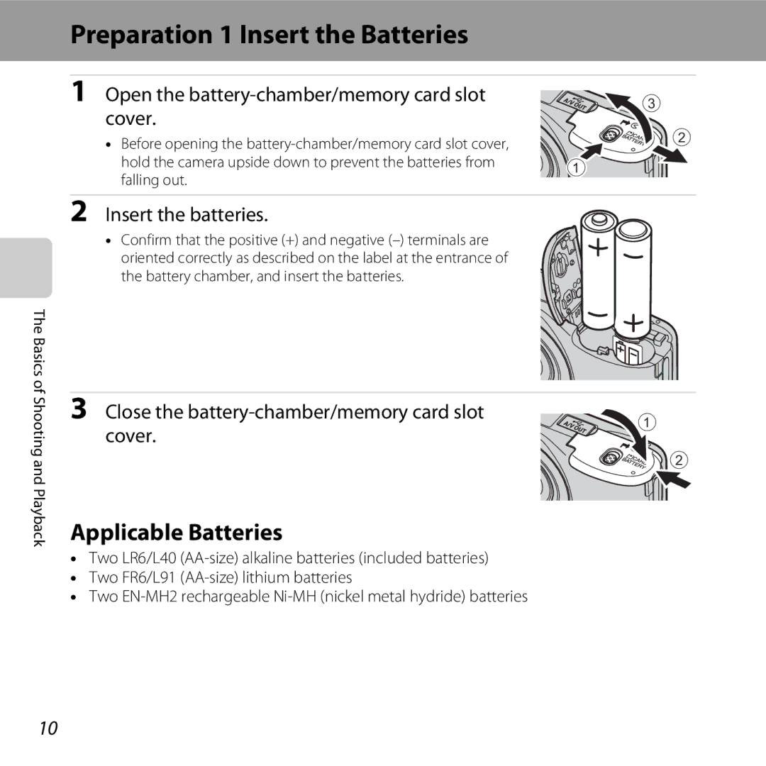 Nikon L28 Black Preparation 1 Insert the Batteries, Applicable Batteries, Open the battery-chamber/memory card slot Cover 