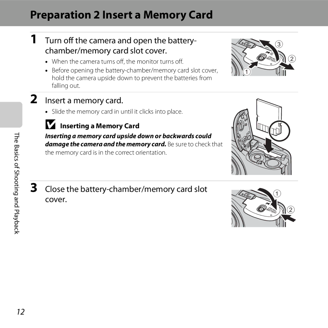 Nikon COOLPIXL28SIL, CT3A03 11, L28 Black Preparation 2 Insert a Memory Card, Insert a memory card, Inserting a Memory Card 