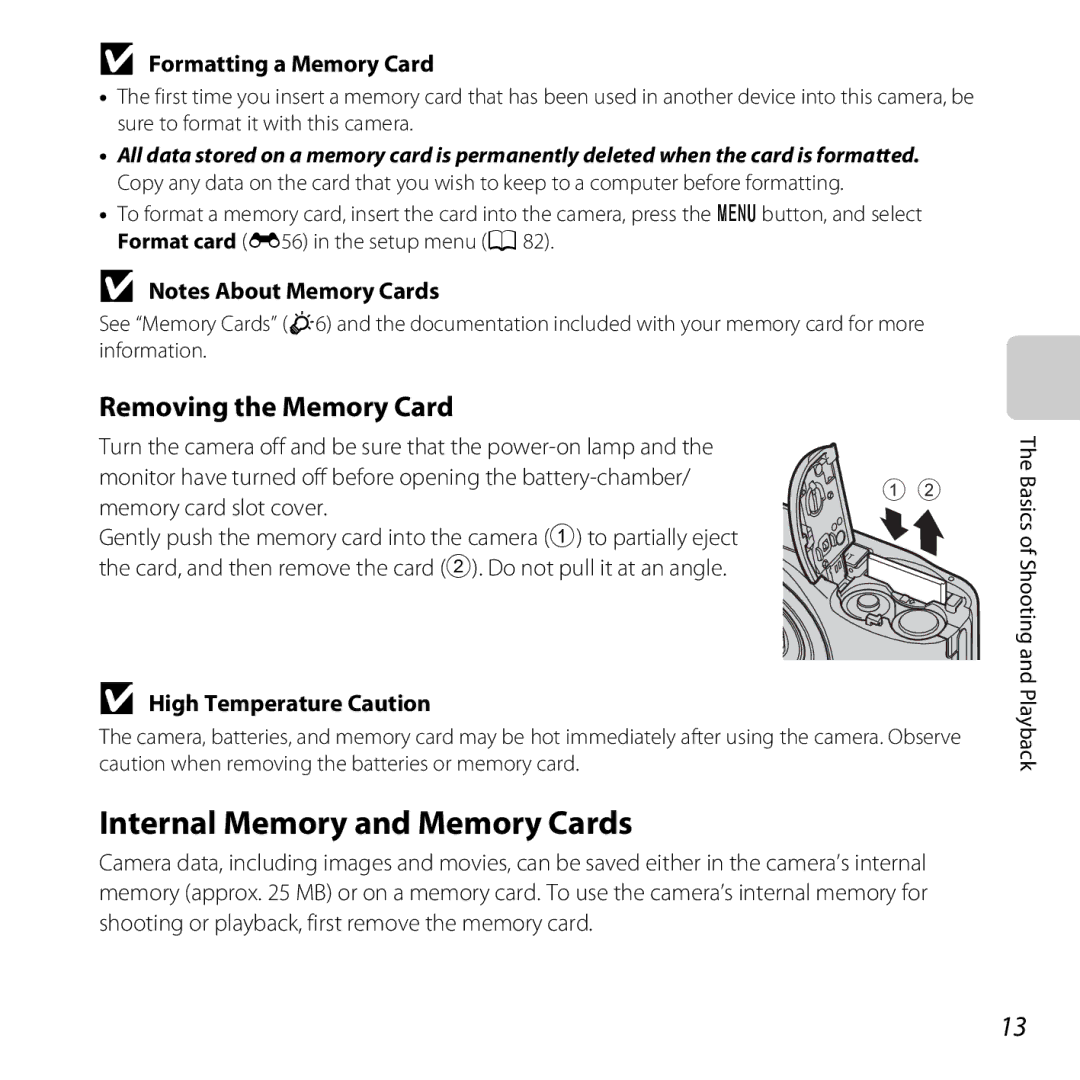 Nikon COOLPIXL28BLK, CT3A03 11 manual Internal Memory and Memory Cards, Removing the Memory Card, Formatting a Memory Card 