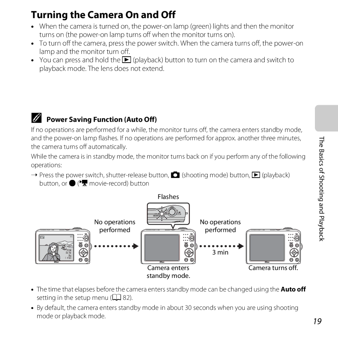 Nikon COOLPIXL28SIL, CT3A03 11, L28 Black manual Turning the Camera On and Off, Power Saving Function Auto Off, Camera enters 