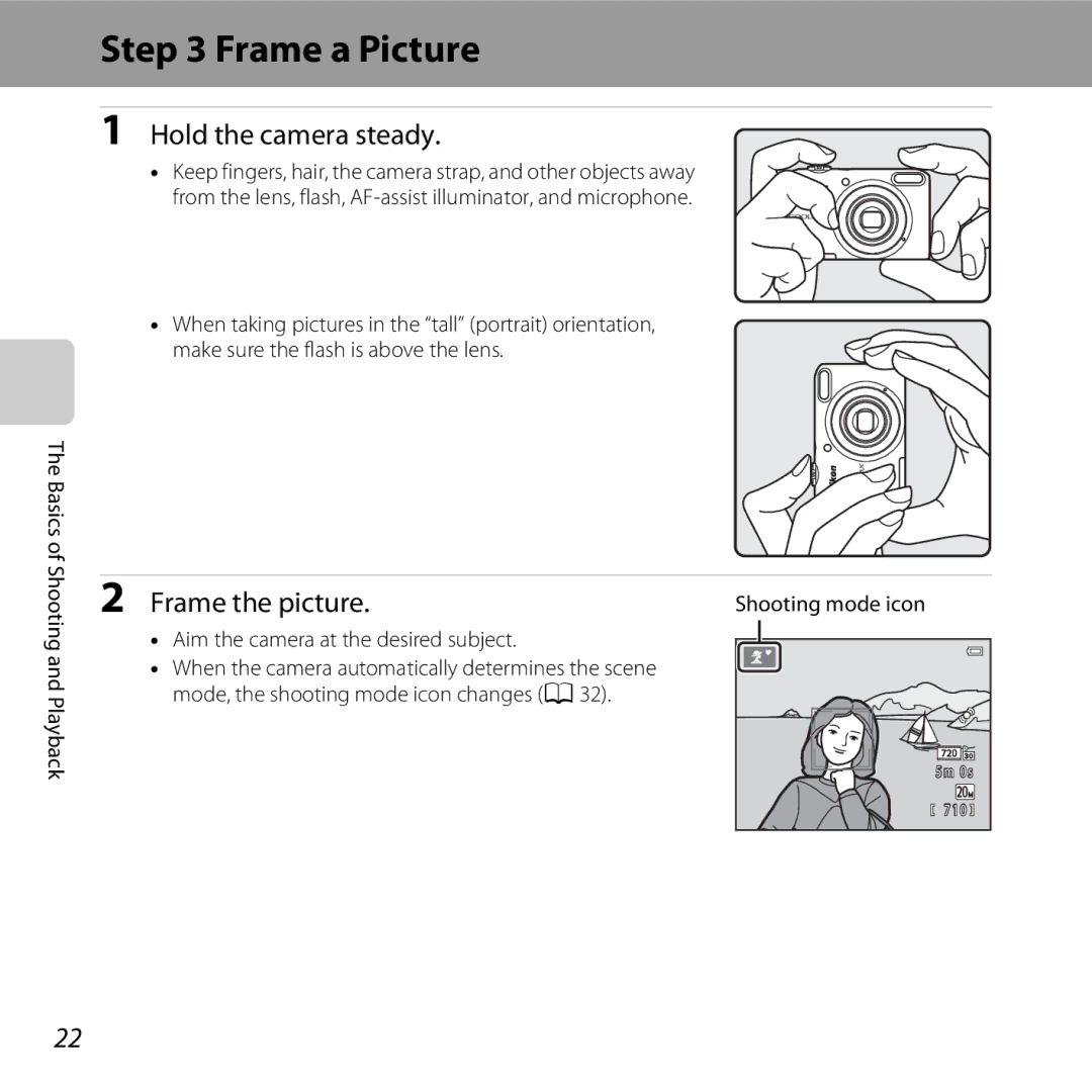 Nikon CT3A03 11, L28 Frame a Picture, Hold the camera steady, Frame the picture, Aim the camera at the desired subject 