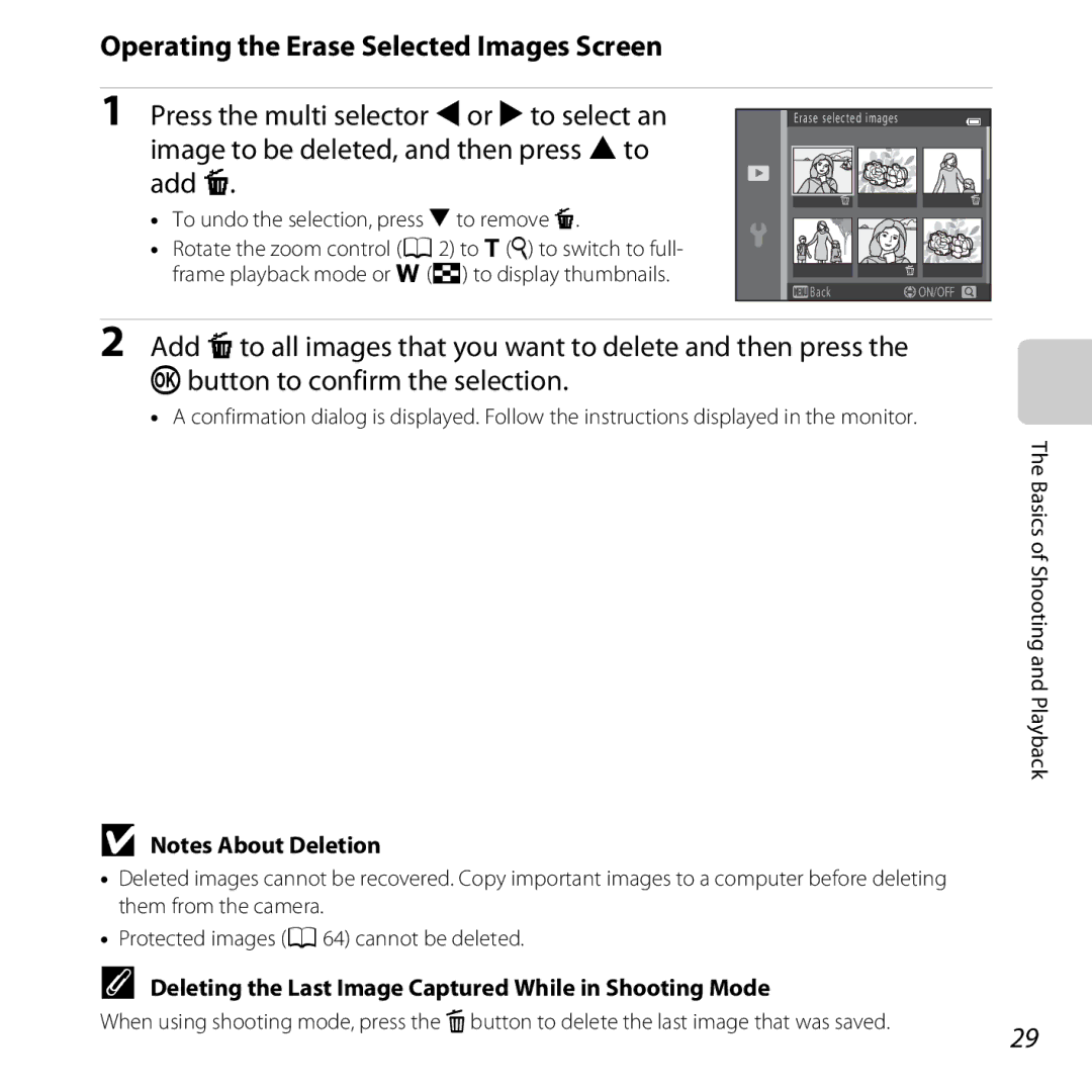 Nikon CT3A03 11, L28 Operating the Erase Selected Images Screen, Deleting the Last Image Captured While in Shooting Mode 