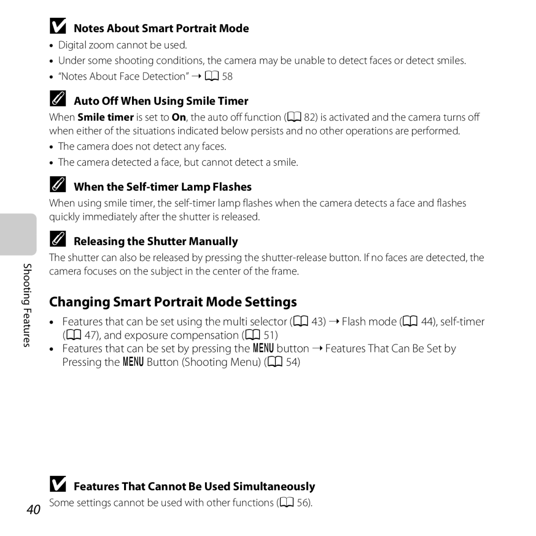 Nikon COOLPIXL28SIL Changing Smart Portrait Mode Settings, Auto Off When Using Smile Timer, Releasing the Shutter Manually 