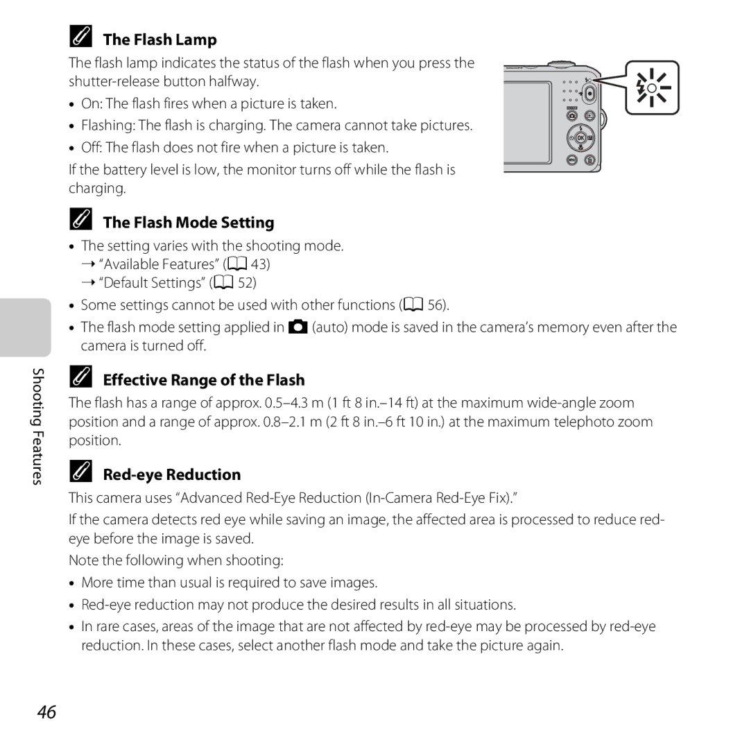 Nikon L28 Red, CT3A03 11, L28 Black manual Flash Lamp, Flash Mode Setting, Effective Range of the Flash, Red-eye Reduction 