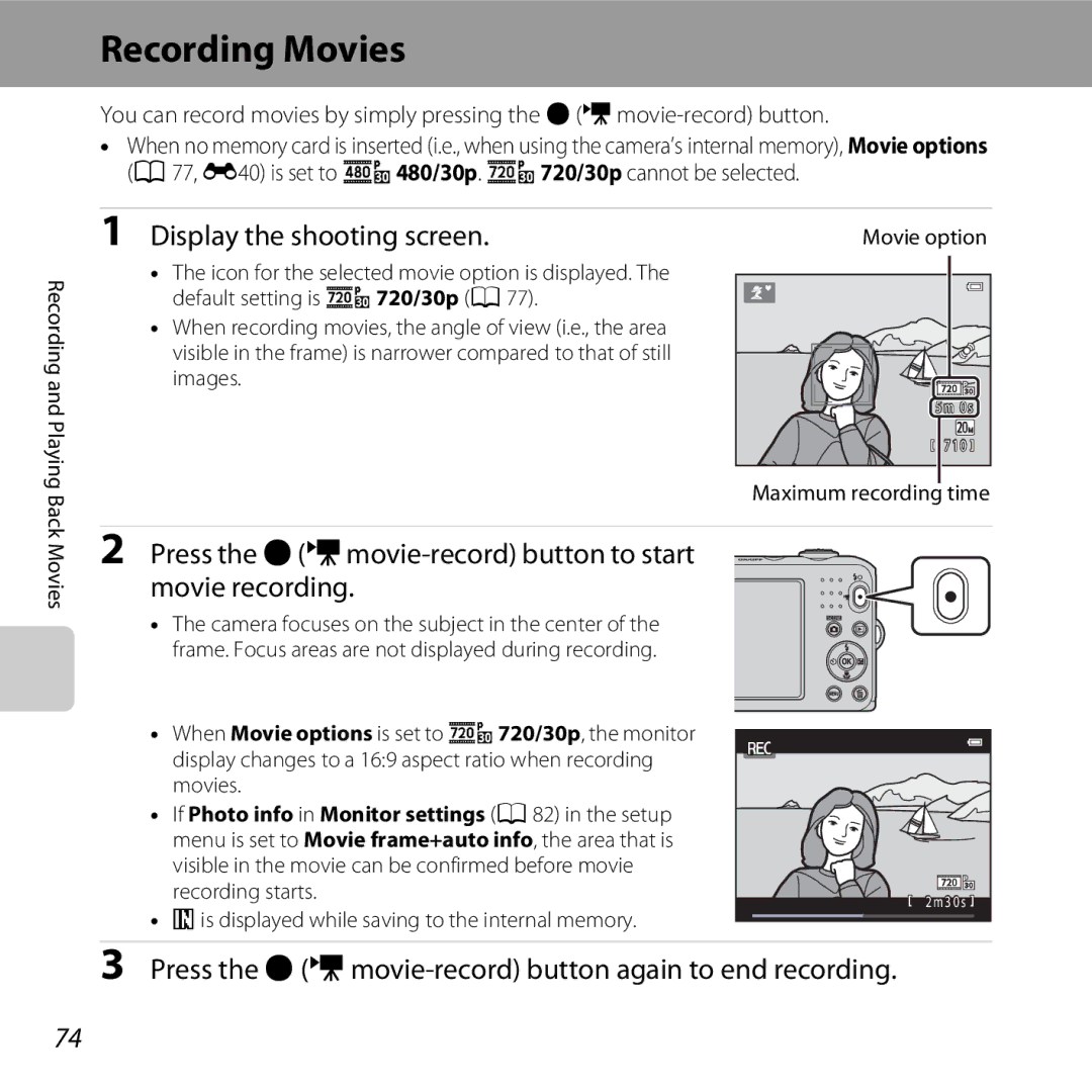 Nikon L28 Red Recording Movies, Display the shooting screen, Press the bemovie-record button to start movie recording 