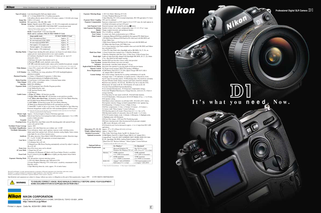 Nikon D1 specifications Viewfinder, For Windows For Macintosh 