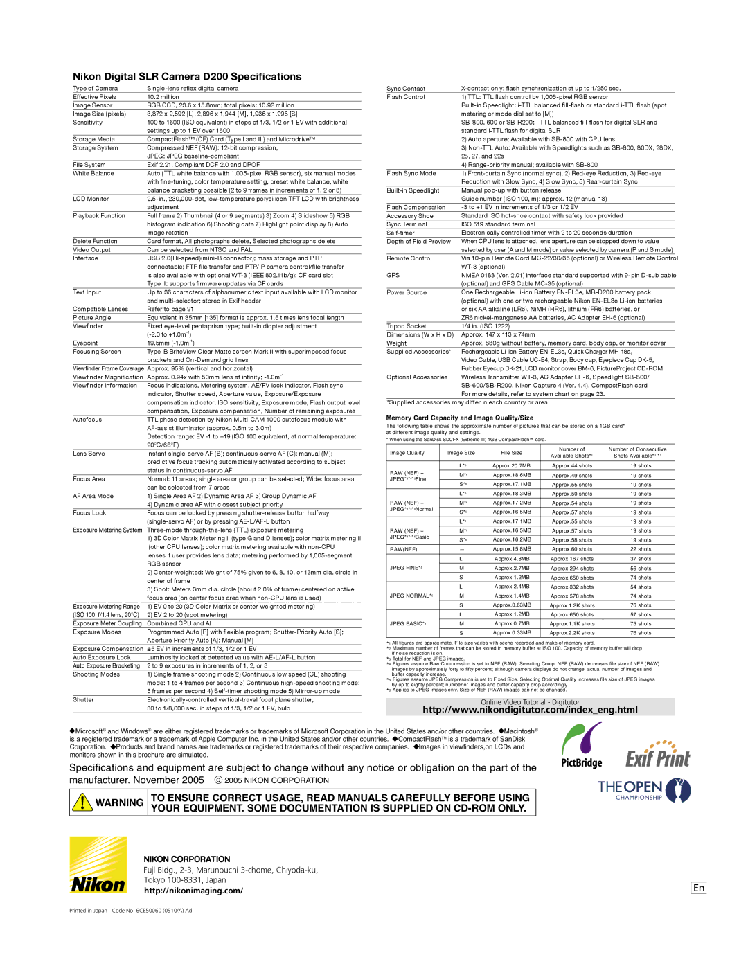 Nikon manual Nikon Digital SLR Camera D200 Speciﬁcations 