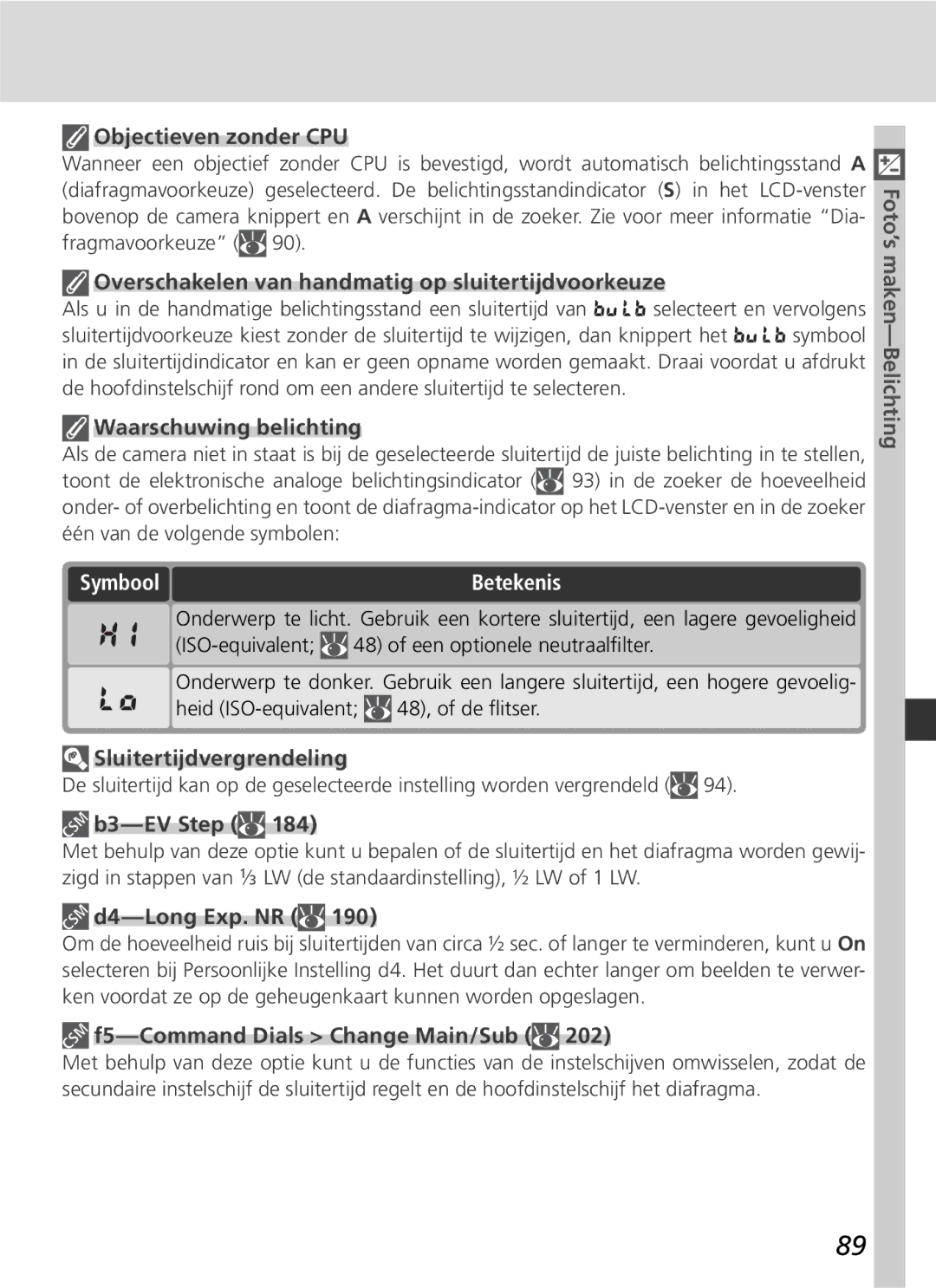 Nikon D2H manual Overschakelen van handmatig op sluitertijdvoorkeuze, Sluitertijdvergrendeling, B3-EV Step, D4-Long Exp. NR 