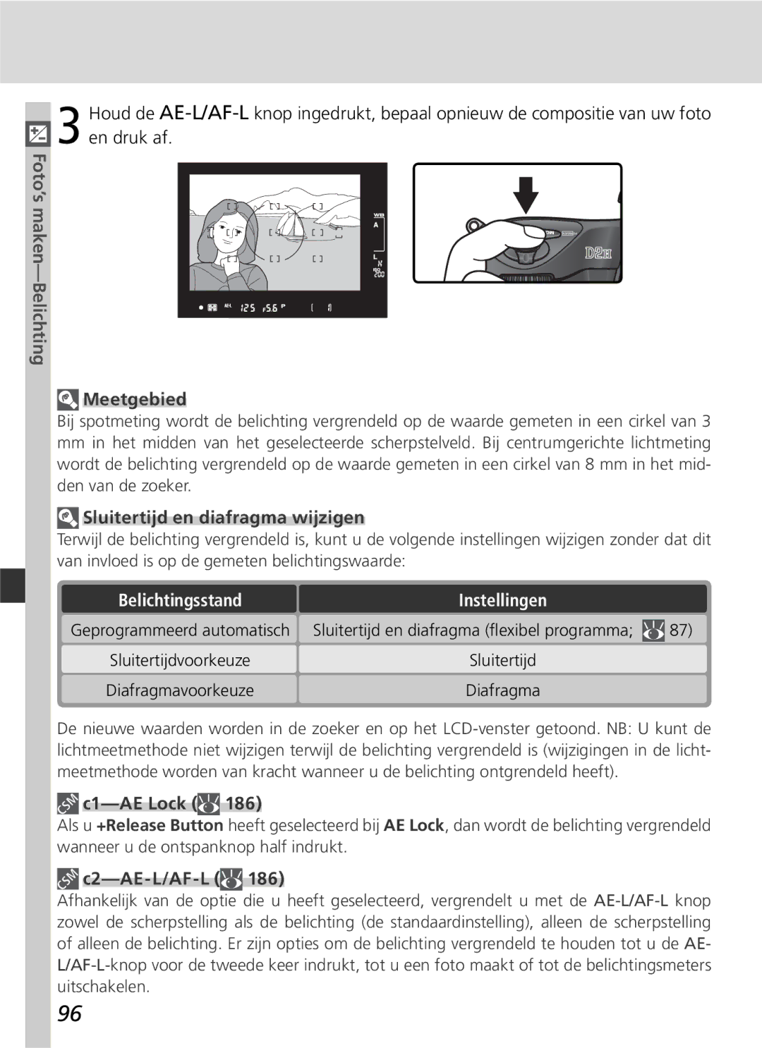 Nikon D2H manual Meetgebied, Sluitertijd en diafragma wijzigen, C1-AE Lock, C2-AE-L/AF-L, Sluitertijdvoorkeuze 