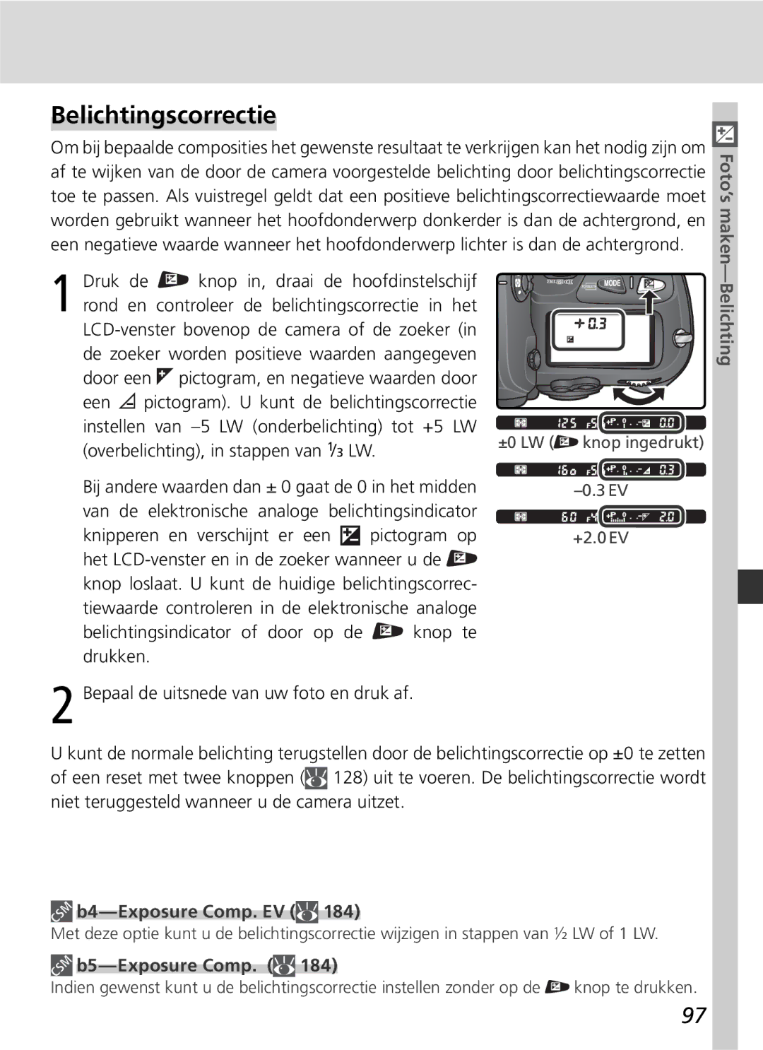 Nikon D2H manual Belichtingscorrectie, B4-Exposure Comp. EV, B5-Exposure Comp 