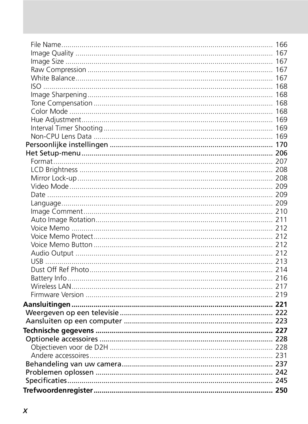 Nikon 168, 213, Dust Off Ref Photo 214 Battery Info 216 Wireless LAN 217, 219, Objectieven voor de D2H 228, 231 