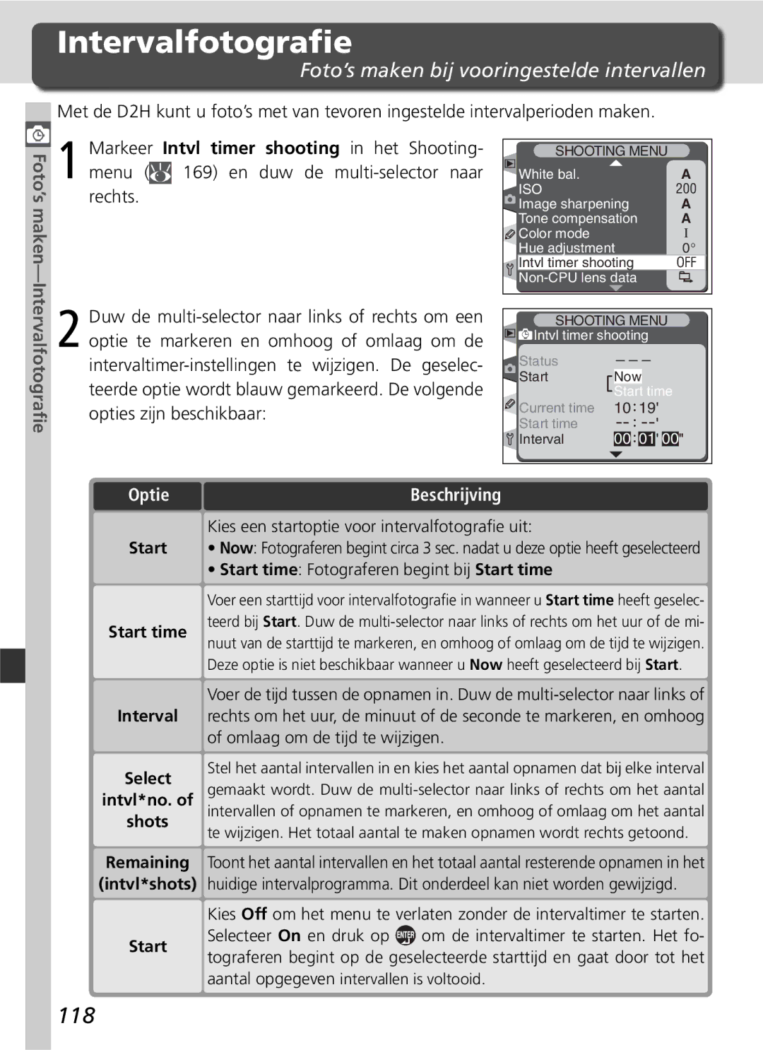 Nikon D2H manual Intervalfotograﬁe, 118, Foto’s maken bij vooringestelde intervallen 