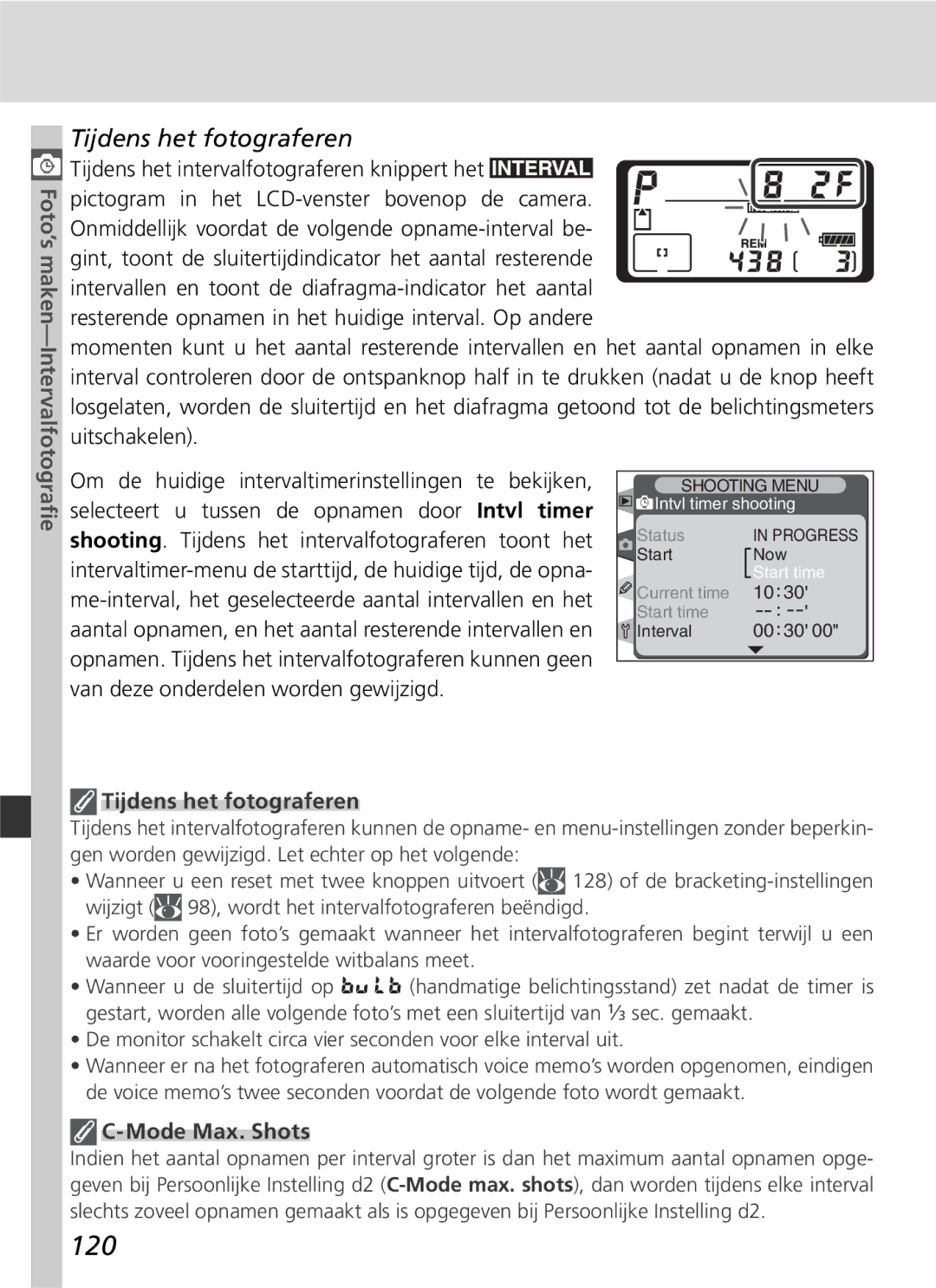 Nikon D2H manual 120, Tijdens het fotograferen, Mode Max. Shots 