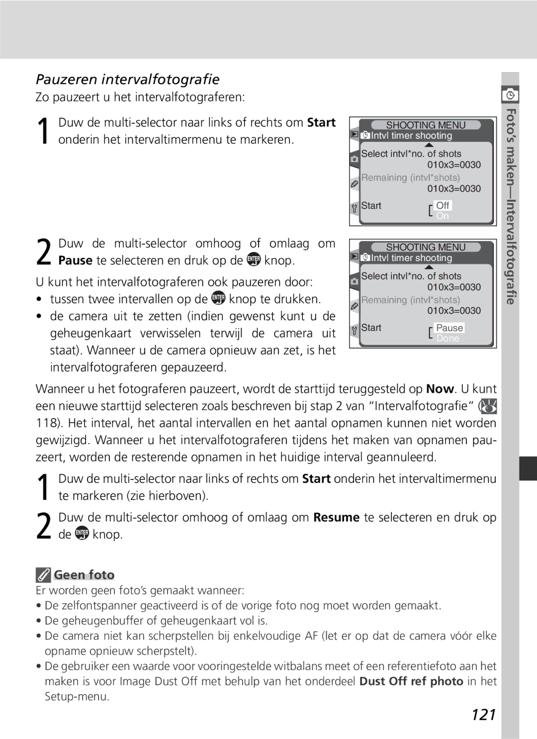 Nikon D2H manual 121, Pauzeren intervalfotograﬁe, Geen foto 