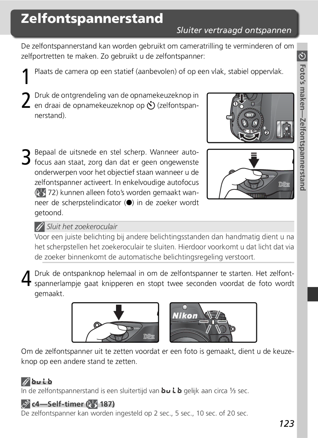 Nikon D2H manual 123, Sluiter vertraagd ontspannen, C4-Self-timer, Foto’s maken-Zelfontspannerstand 