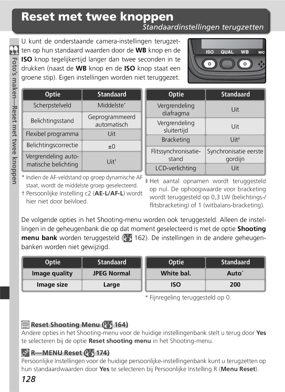 Nikon D2H manual Reset met twee knoppen, 128, Standaardinstellingen terugzetten, Reset Shooting Menu, Menu Reset 