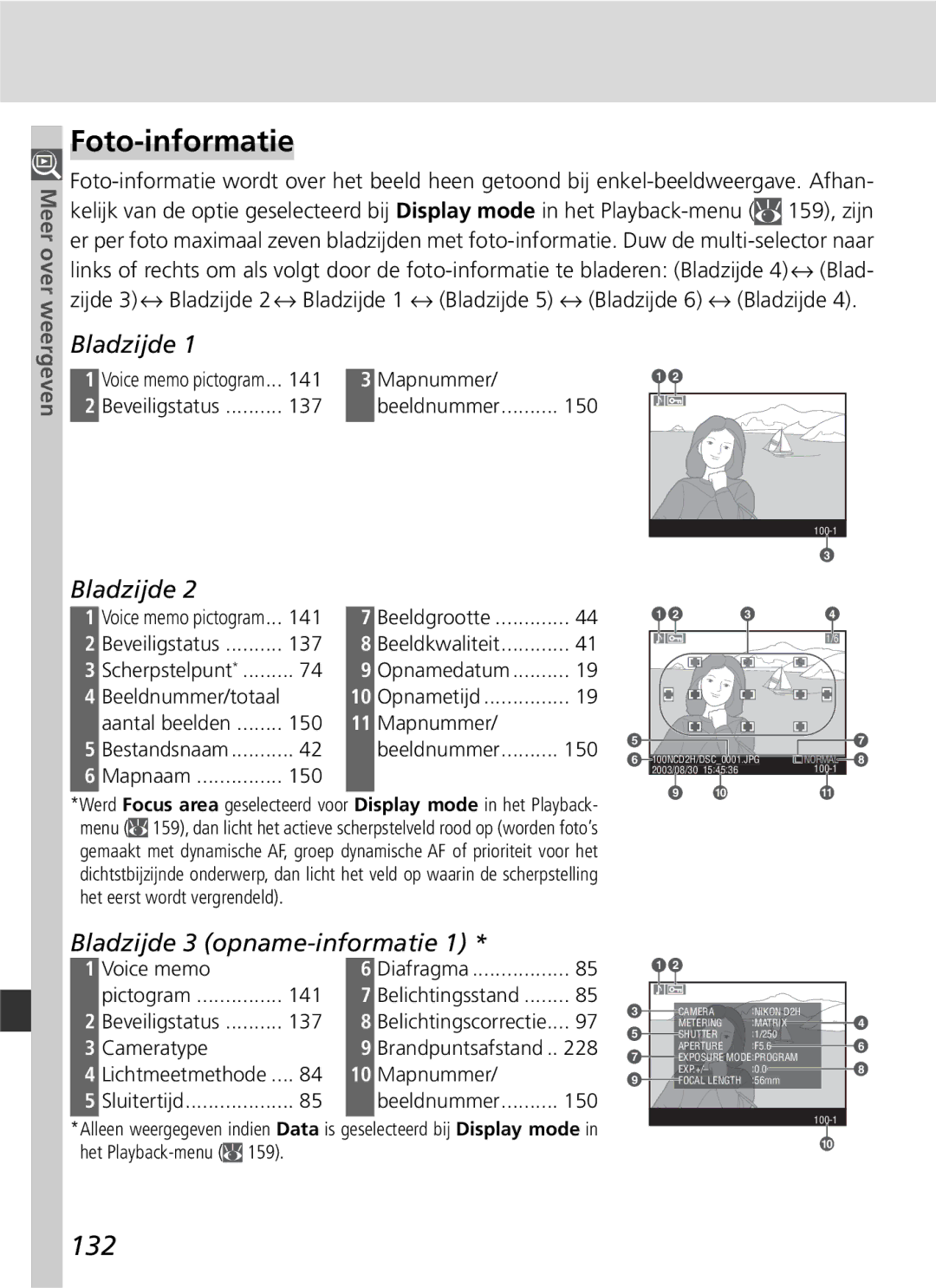 Nikon D2H manual Foto-informatie, 132, Bladzijde 3 opname-informatie 