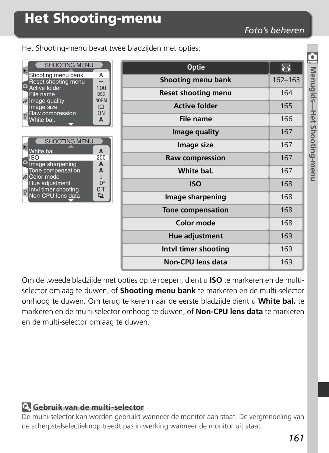 Nikon D2H manual 161, Het Shooting-menu bevat twee bladzijden met opties, Menugids-Het Shooting-menu, Image quality 