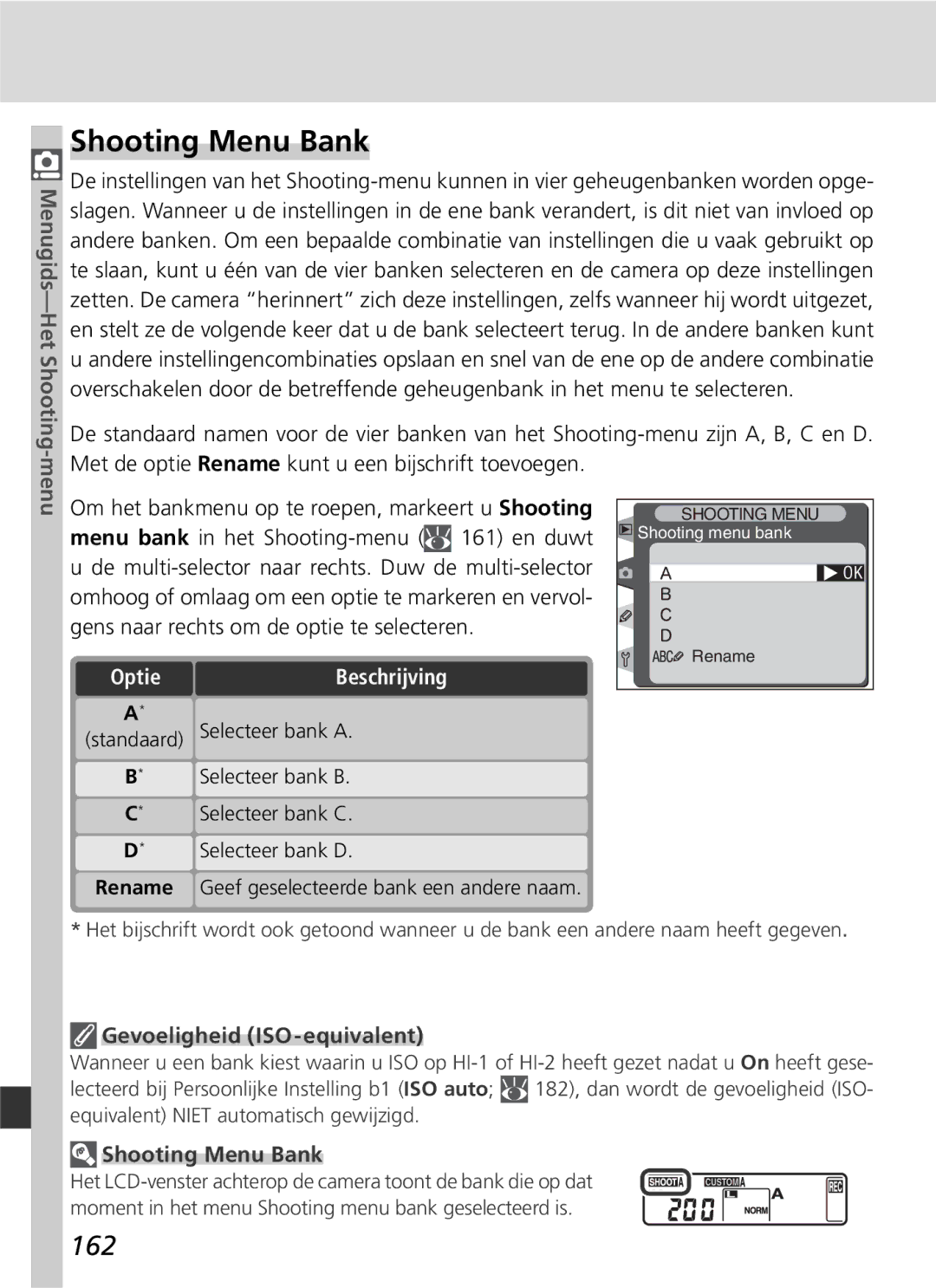 Nikon D2H manual Shooting Menu Bank, 162, Gevoeligheid ISO-equivalent 