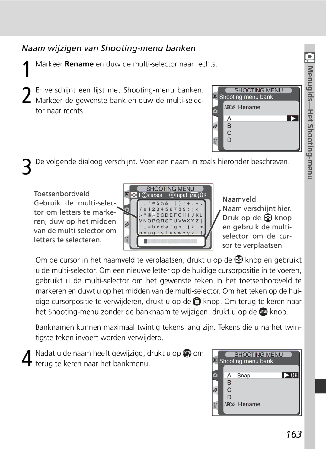 Nikon D2H manual 163, Naam wijzigen van Shooting-menu banken 