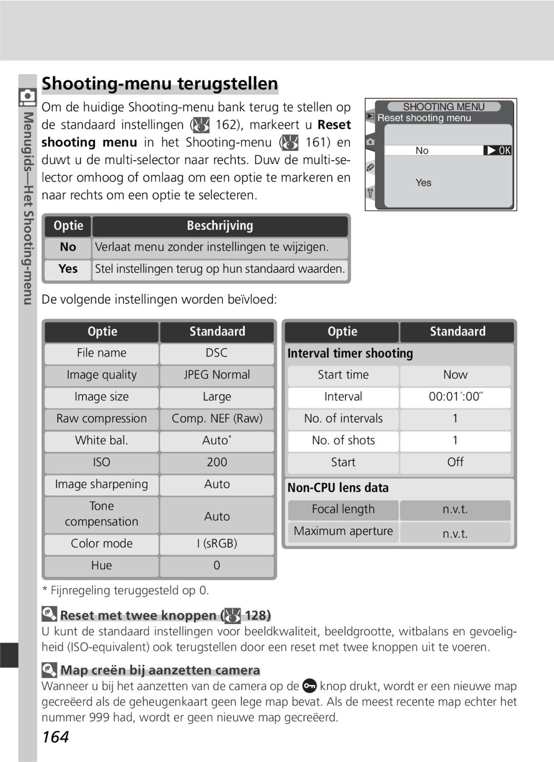 Nikon D2H manual Shooting-menu terugstellen, 164, De volgende instellingen worden beïvloed, Reset met twee knoppen 