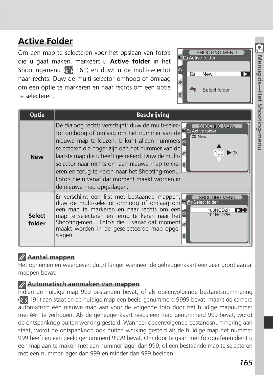 Nikon D2H manual Active Folder, 165, Aantal mappen, Automatisch aanmaken van mappen 