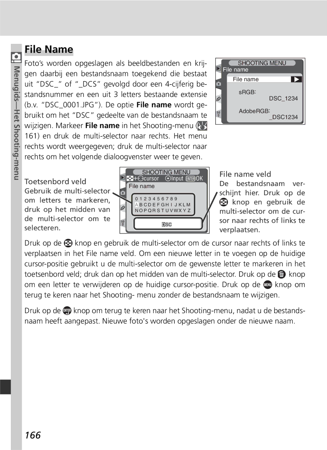 Nikon D2H manual File Name, 166, Menugids-Het Shooting 