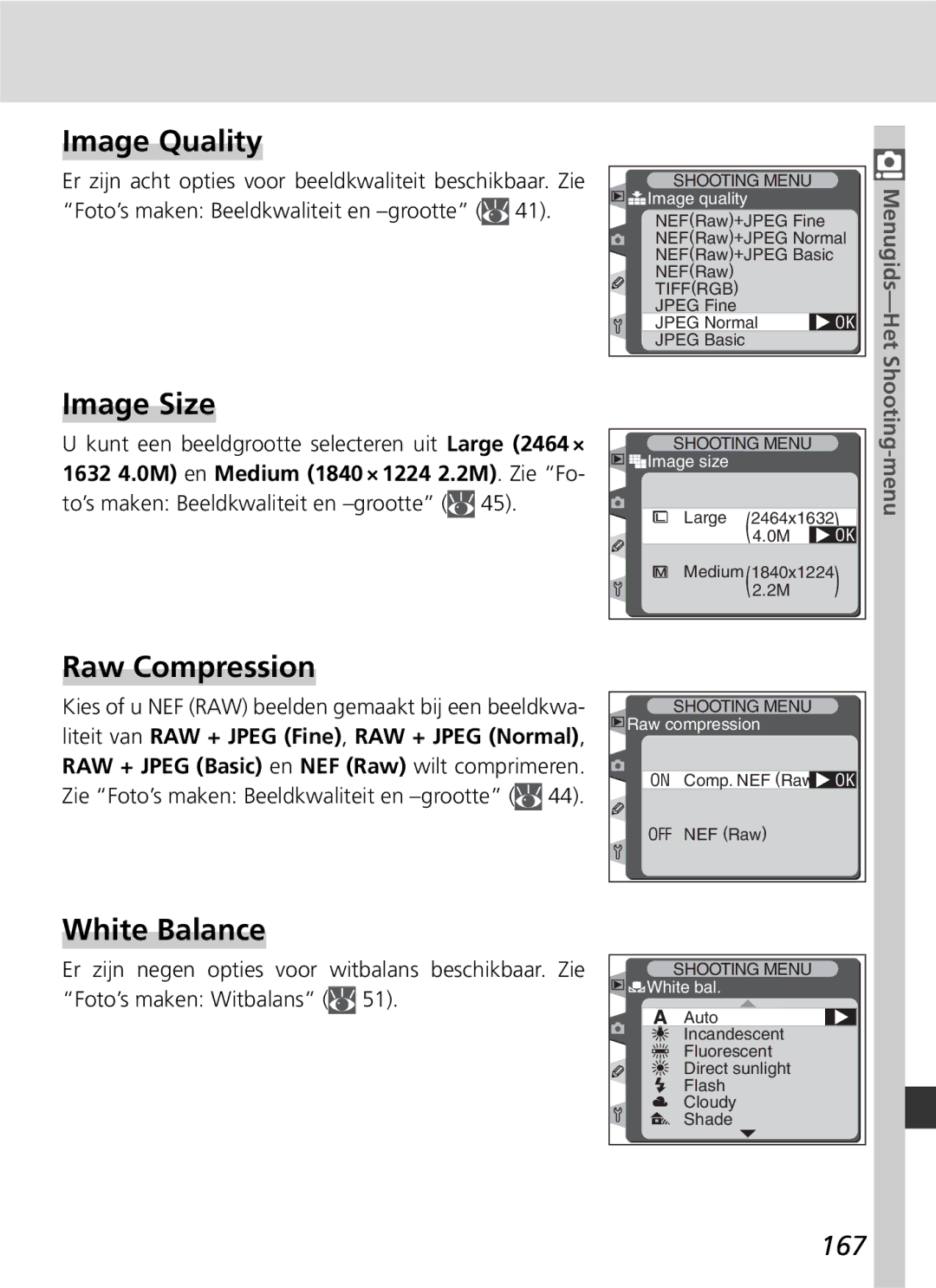 Nikon D2H manual Image Quality, Image Size, Raw Compression, White Balance, 167 