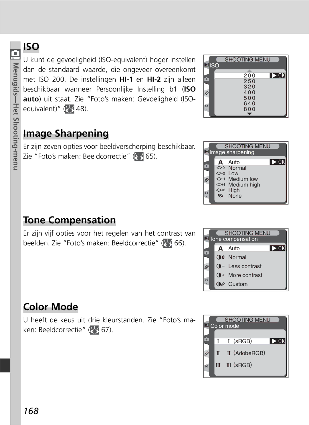 Nikon D2H manual Image Sharpening, Tone Compensation, Color Mode, 168 