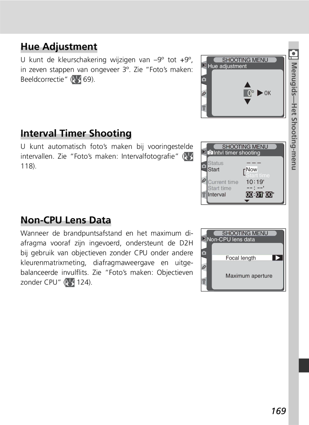 Nikon D2H manual Hue Adjustment, Interval Timer Shooting, Non-CPU Lens Data, 169 