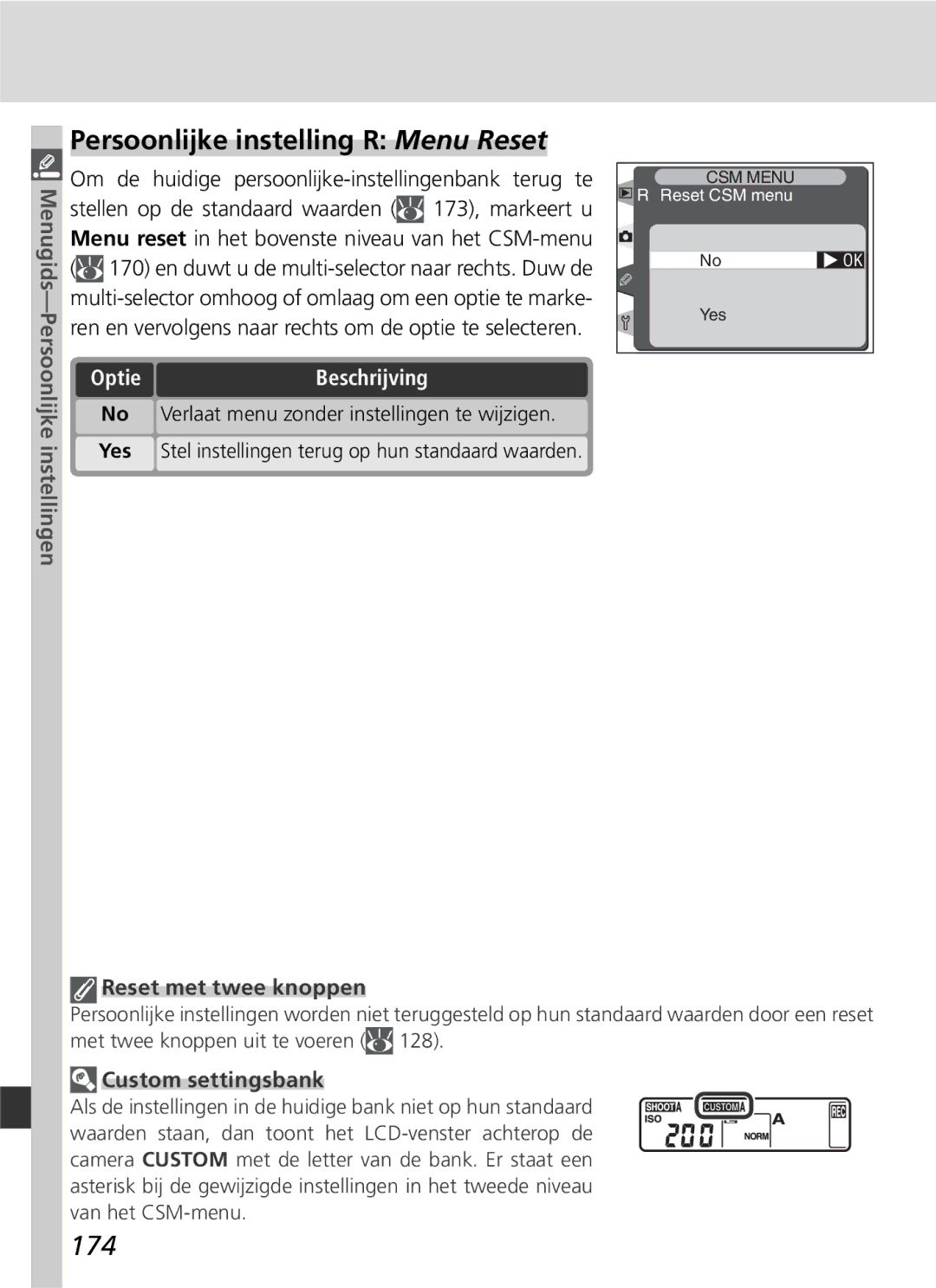 Nikon D2H manual Persoonlijke instelling R Menu Reset, 174, Custom settingsbank 