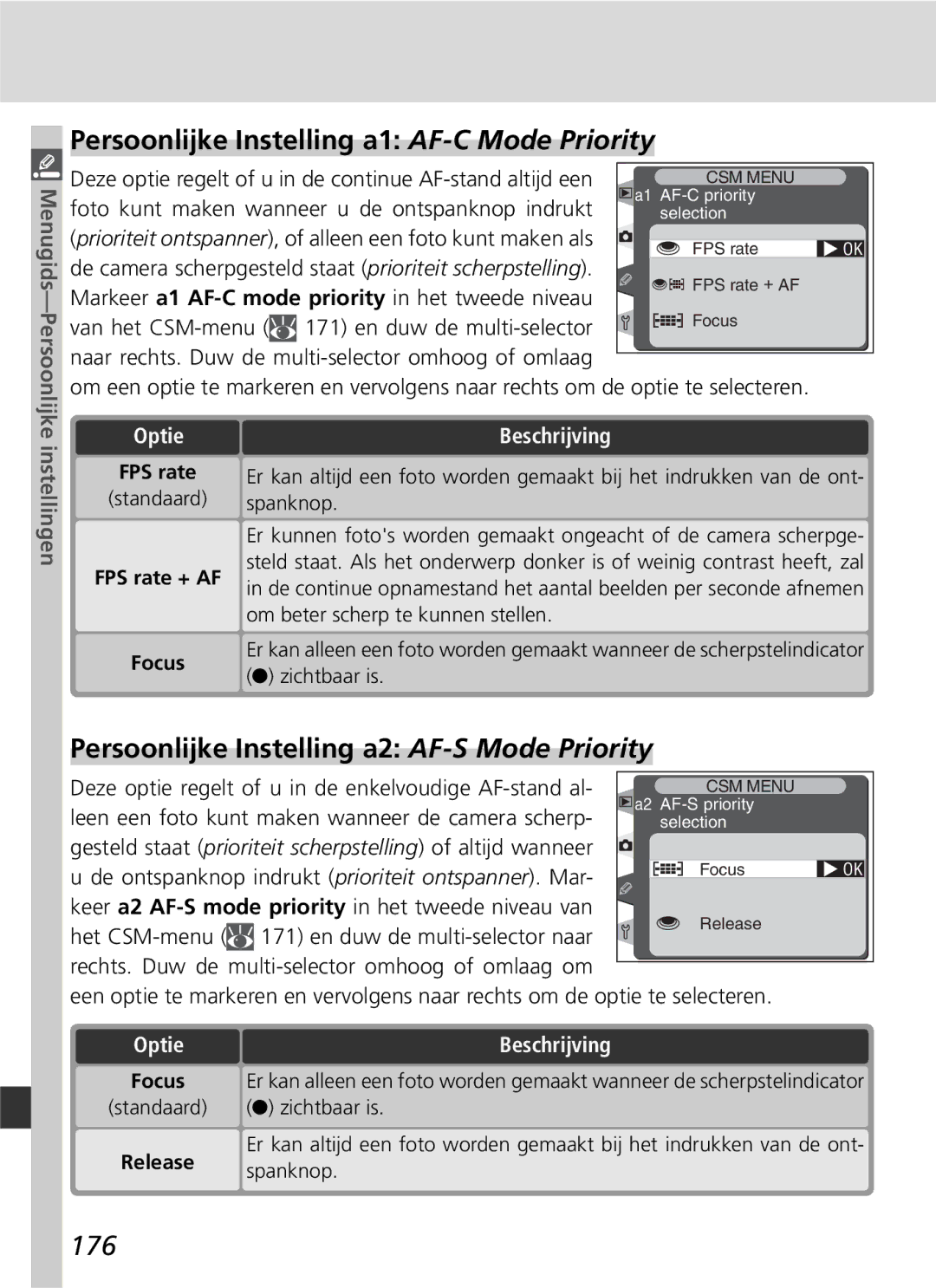 Nikon D2H Persoonlijke Instelling a1 AF-C Mode Priority, Persoonlijke Instelling a2 AF-S Mode Priority, 176, Instellingen 