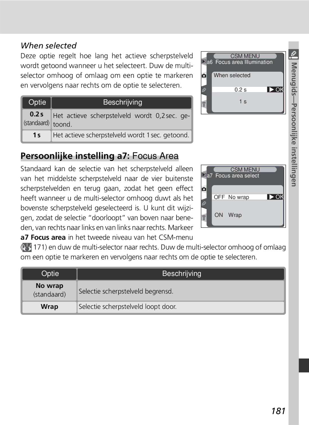 Nikon D2H manual Persoonlijke instelling a7 Focus Area, 181, When selected, Menugids-Persoonlijke 