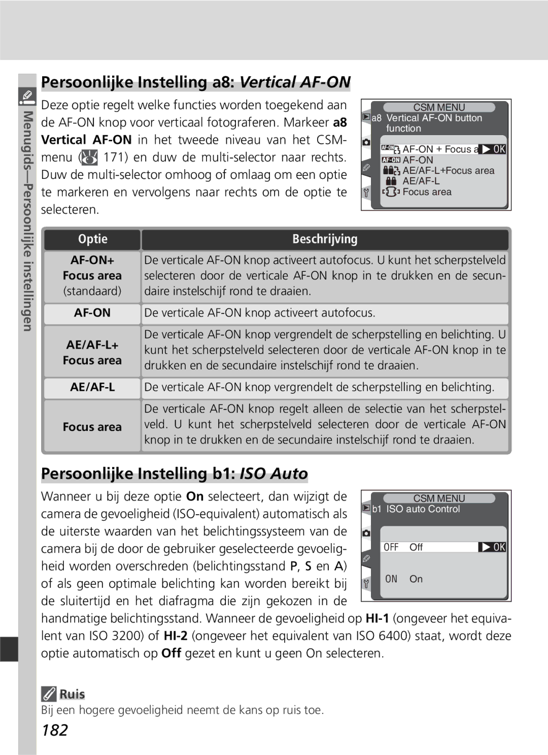 Nikon D2H manual Persoonlijke Instelling a8 Vertical AF-ON, Persoonlijke Instelling b1 ISO Auto, 182, Ruis 