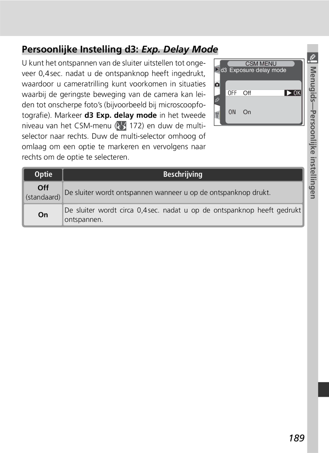 Nikon D2H manual Persoonlijke Instelling d3 Exp. Delay Mode, 189 