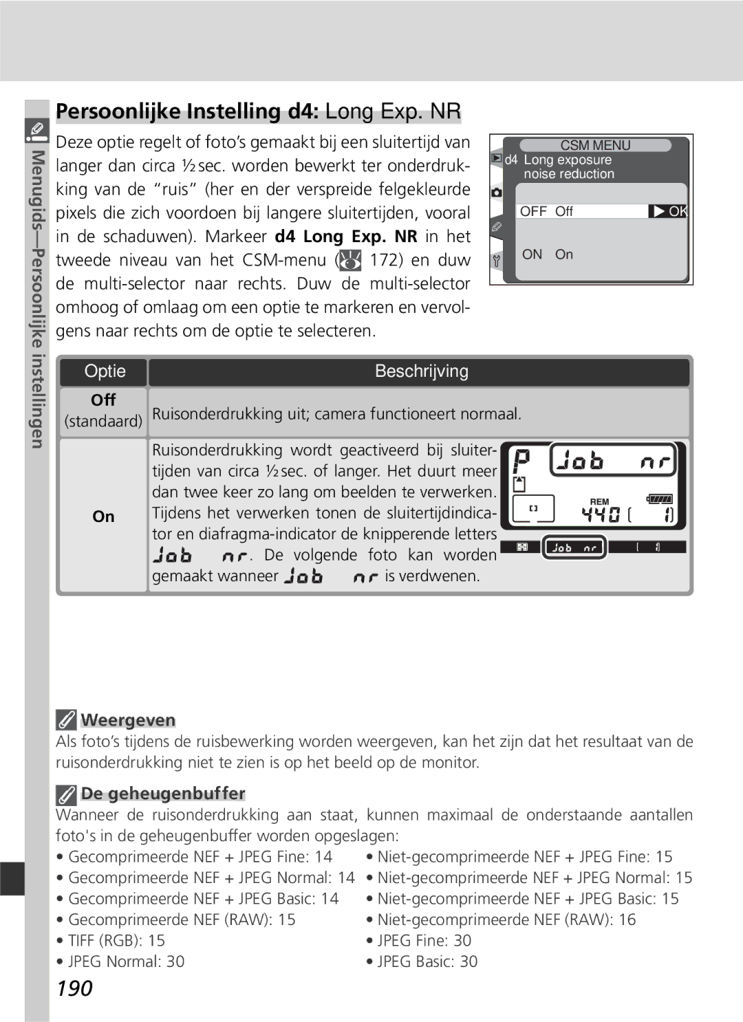 Nikon D2H manual Persoonlijke Instelling d4 Long Exp. NR, 190, Weergeven 