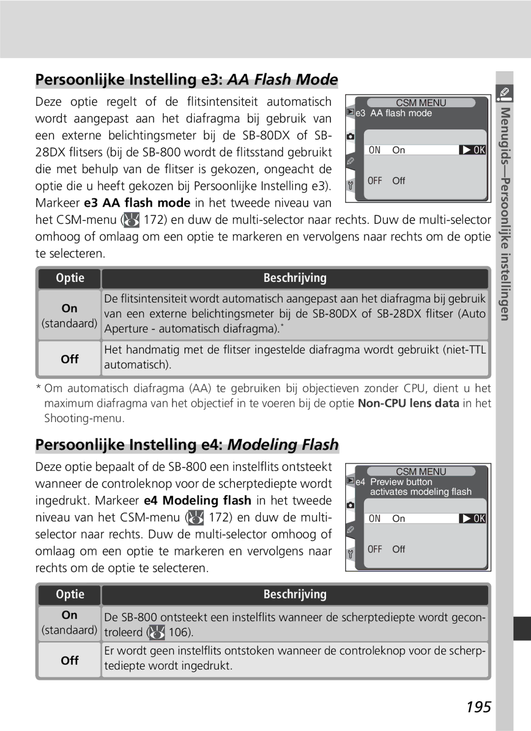 Nikon D2H manual Persoonlijke Instelling e3 AA Flash Mode, Persoonlijke Instelling e4 Modeling Flash, 195 