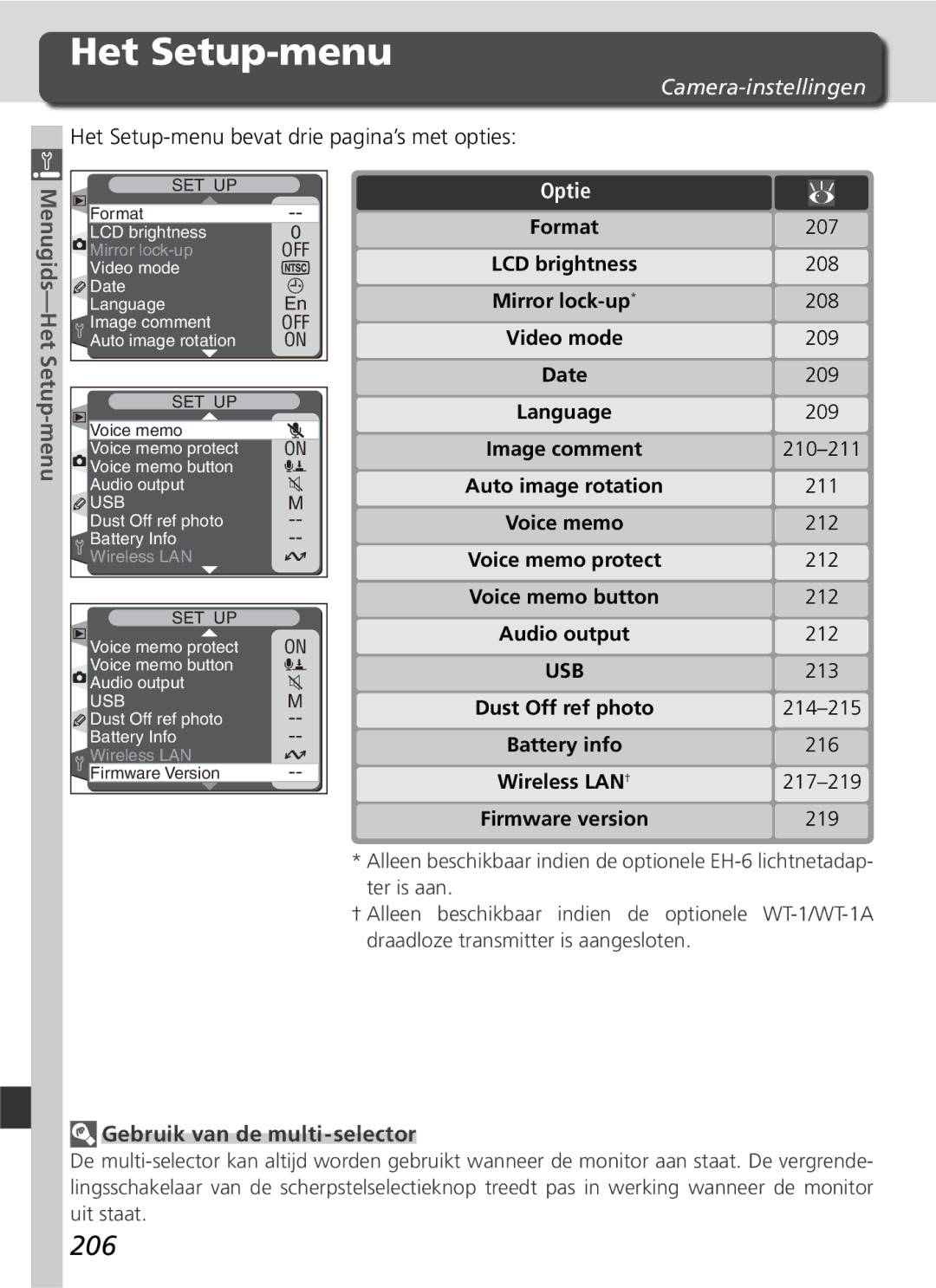 Nikon D2H manual 206, Het Setup-menu bevat drie pagina’s met opties, Menugids-Het Setup-menu 