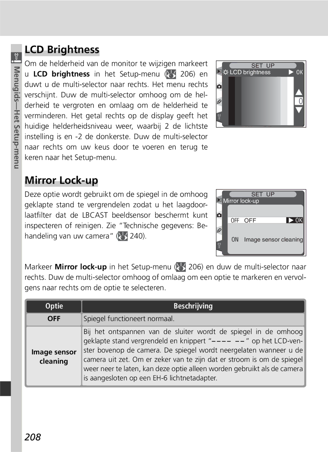 Nikon D2H manual LCD Brightness, Mirror Lock-up, 208, Image sensor Cleaning, Spiegel functioneert normaal 