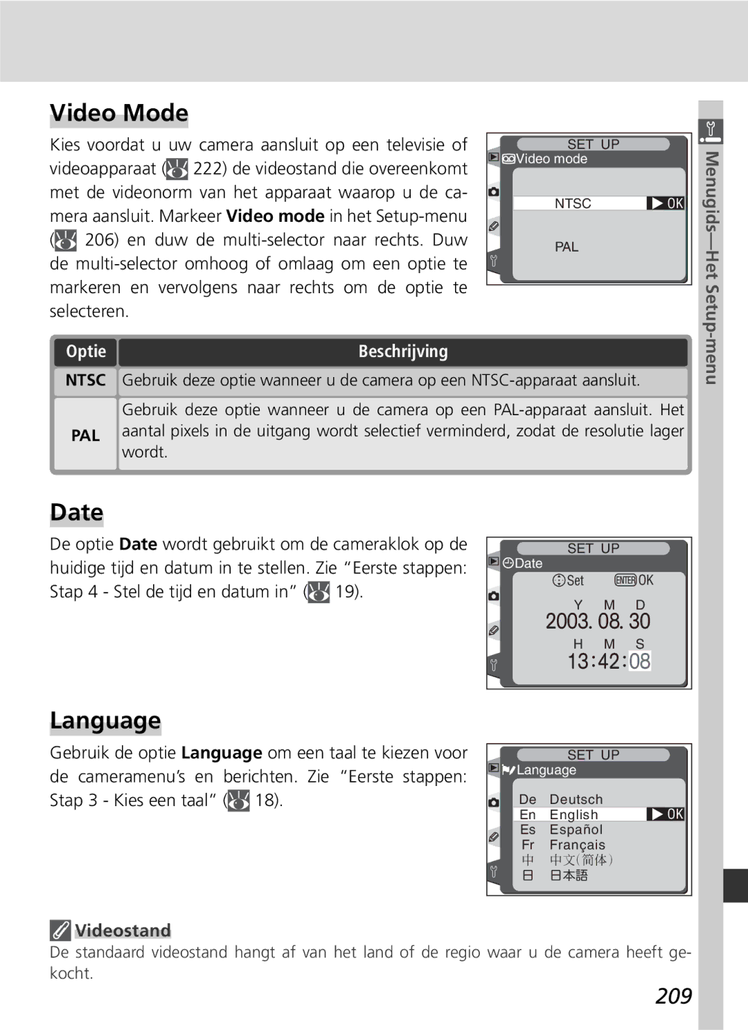 Nikon D2H manual Video Mode, Date, Language, 209, Videostand 