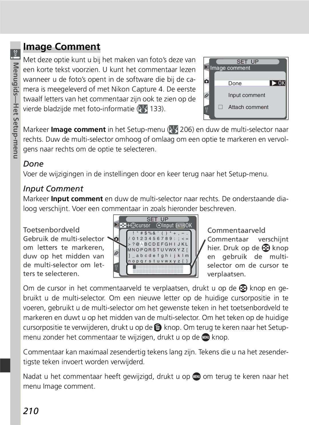 Nikon D2H manual Image Comment, 210, Done, Input Comment, Setup-menu 