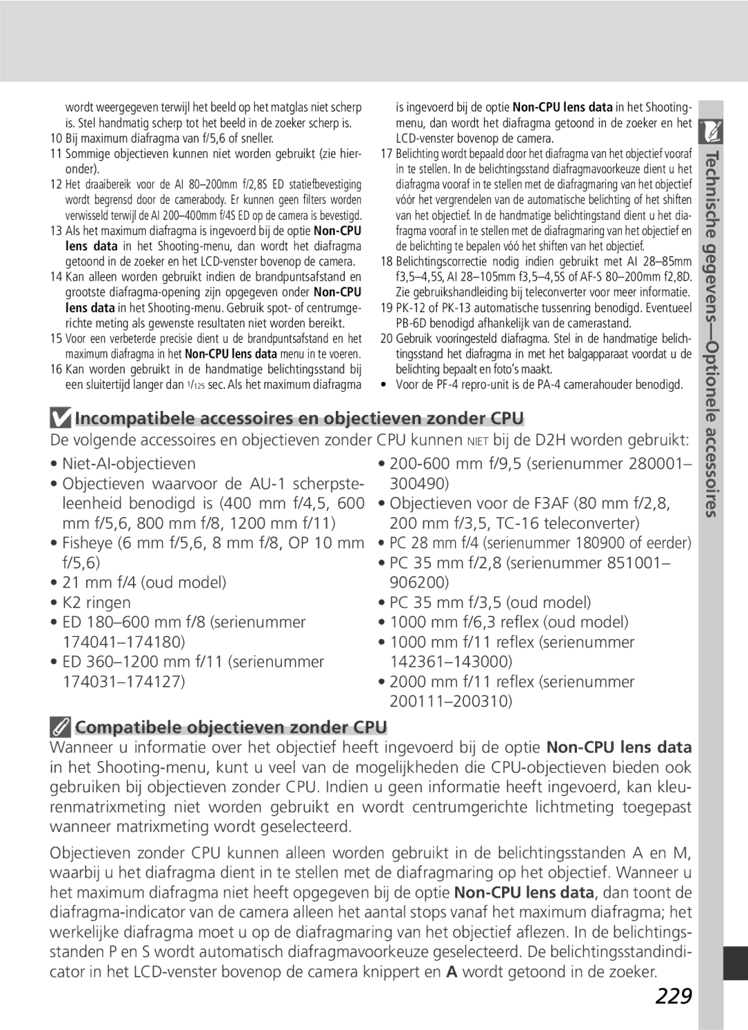 Nikon D2H manual 229, Incompatibele accessoires en objectieven zonder CPU, Compatibele objectieven zonder CPU 